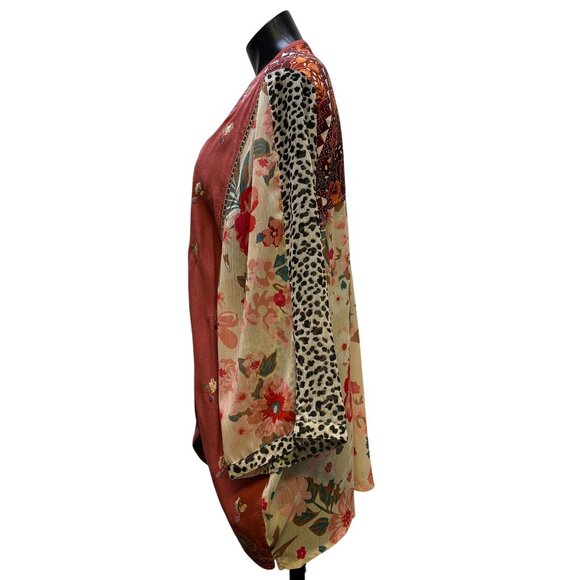 John Mark Embroidered Open Front Cardigan Rust Multi Floral & Leopard Print XL - Picture 4 of 6